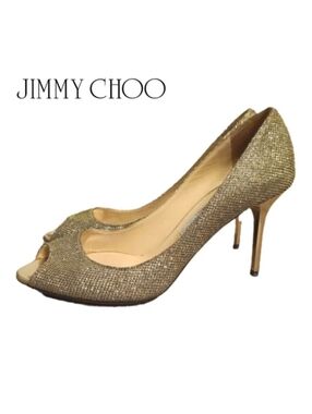 38.5 Jimmy Choo Peep-Toe Gold Pumps
